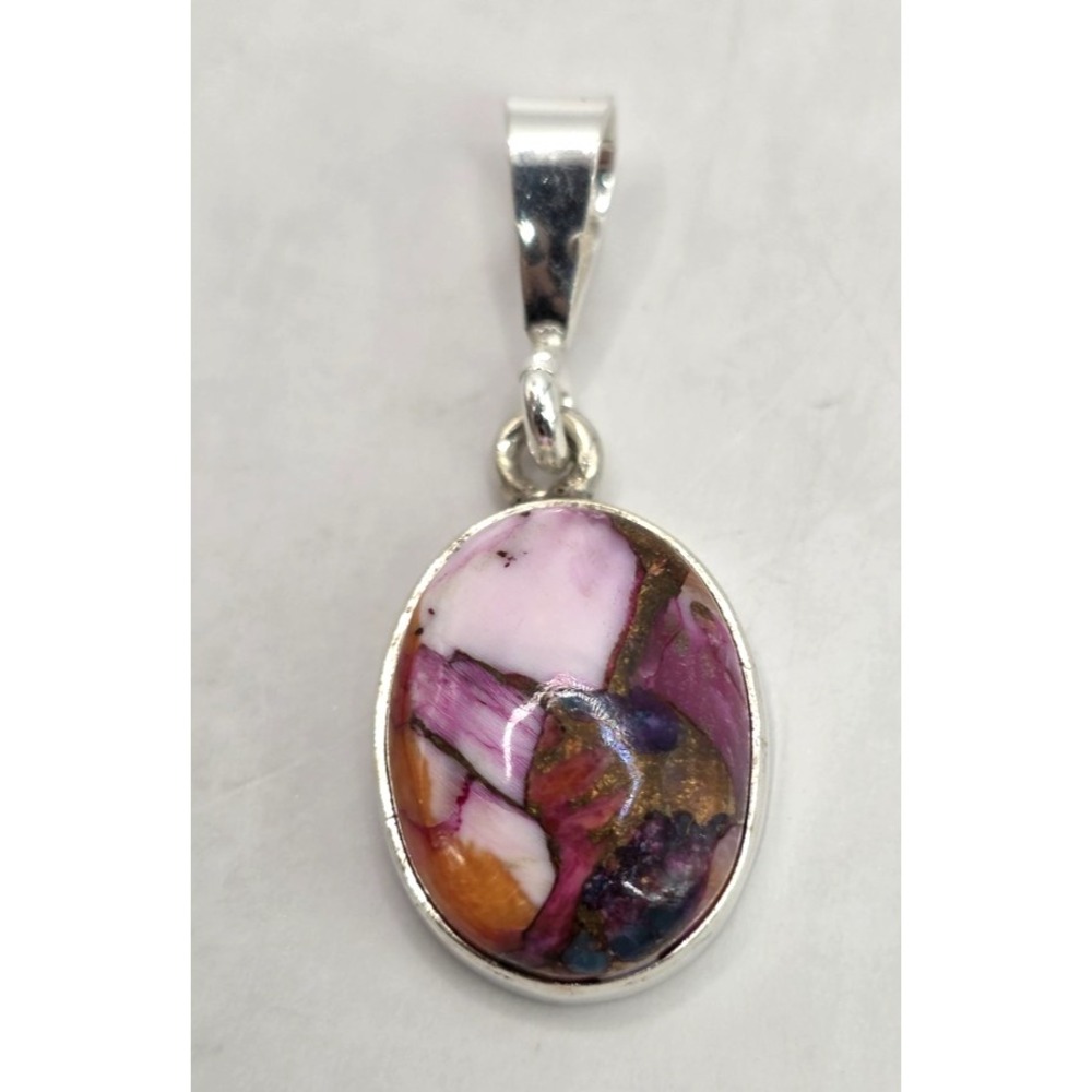 Pink Spiny Oyster Turquoise Oval Pendent Bezel‎ Set Sterling Silver 925 Handmade
